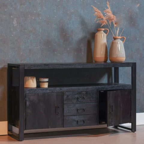 Mangohouten Dressoir Pittsburgh Black 140 cm met 3 lades en 2 deuren Mahom