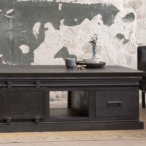 Mango wood coffee table Portland Black 120 cm 4 drawers Mahom